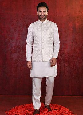 Off White Silk Zari Embroidered Bandi Set For Men