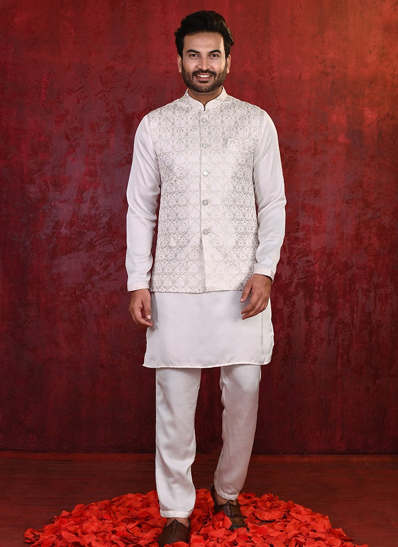 Light Pink Malai Silk Zari Embroidered Bandi Set For Men Festive Wear