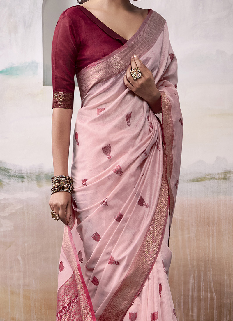 Blended Cotton Saree x Woven Zari : Pink