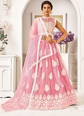 Light Pink Mono Net Embroidered N Sequins Umbrella Lehenga