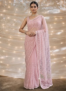 Light Pink Net Beads Embroidered Sequins Saree