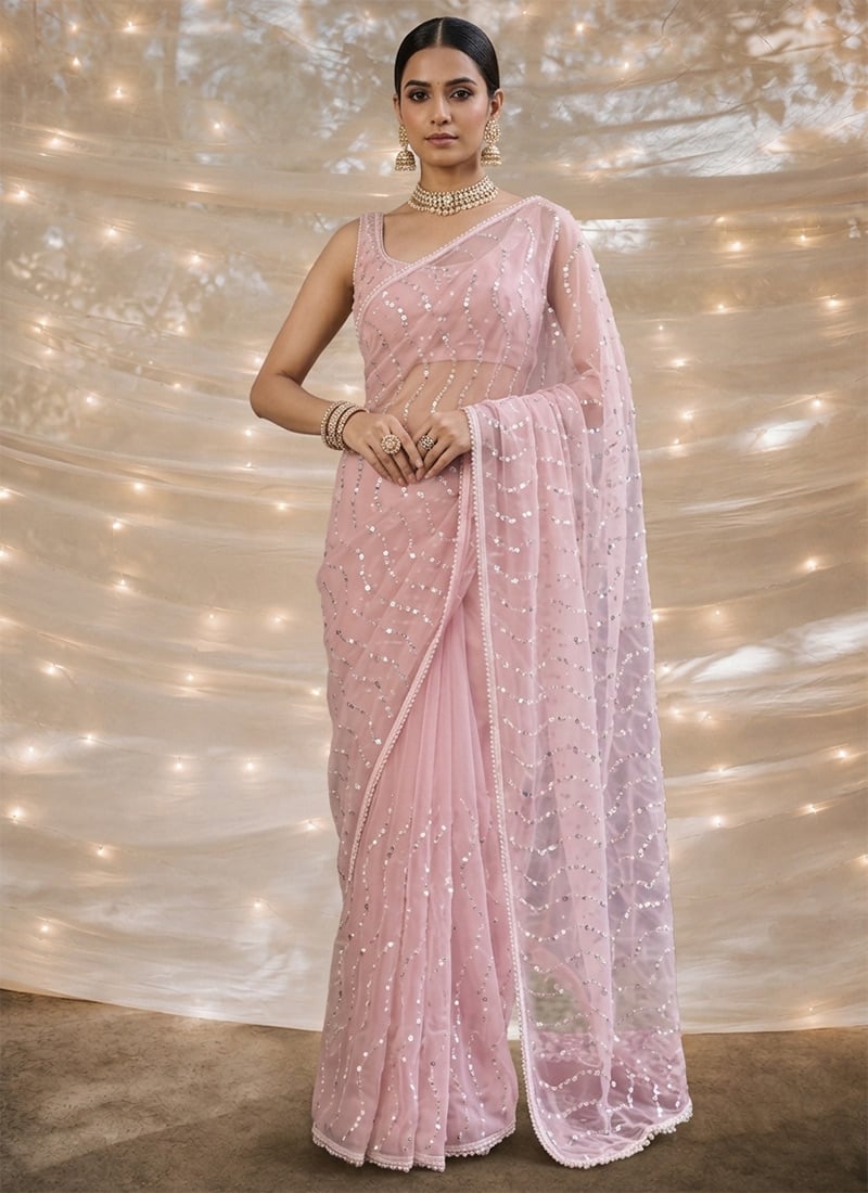 Light Pink Net Beads Embroidered Sequins Saree Wedding Wear
