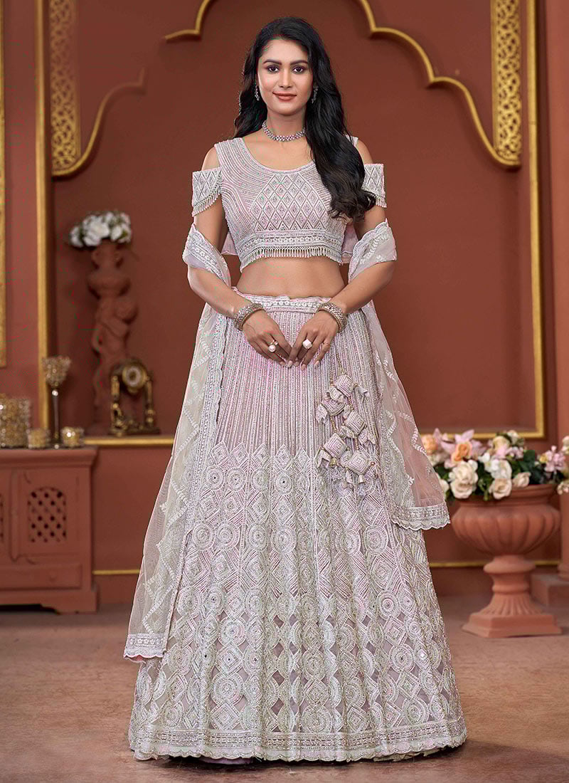 Light Pink Net Embroidered Stone Sequins Regal Lehenga Wedding Wear