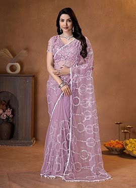 Light Pink Net Sequins Beads Embroidered Saree
