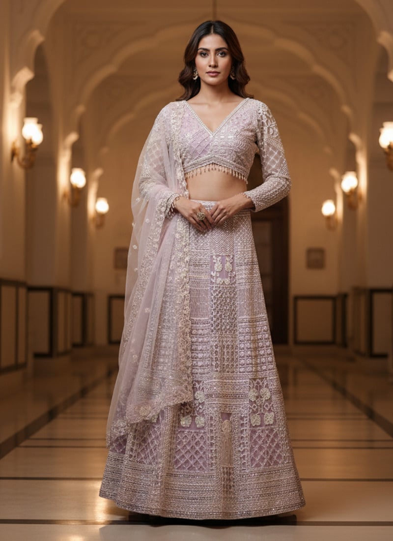 Light Pink Net Sequins Embroidered Lehenga Wedding Wear