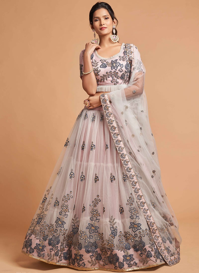 Light Pink Net Sequins Embroidered Umbrella Lehenga