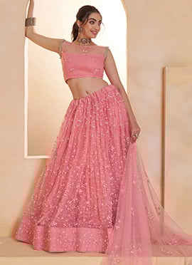 Light Pink Net Zari Embroidered Sequins Beads Lehenga