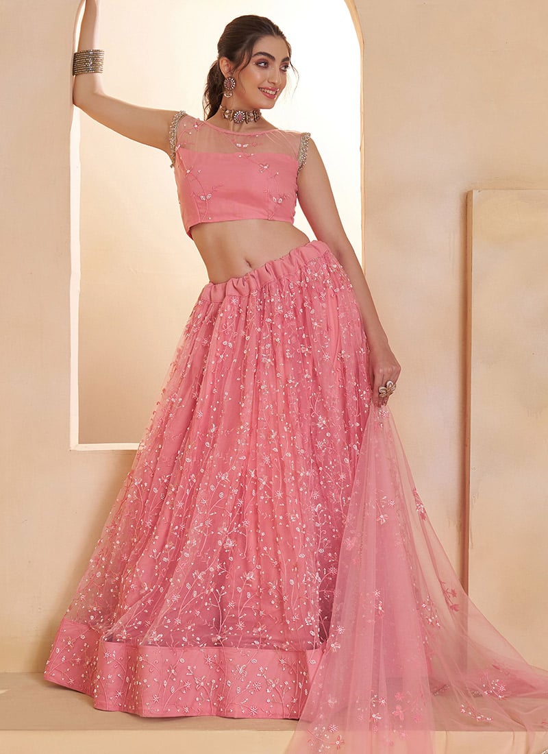Light Pink Net Zari Embroidered Sequins Beads Lehenga Wedding Wear