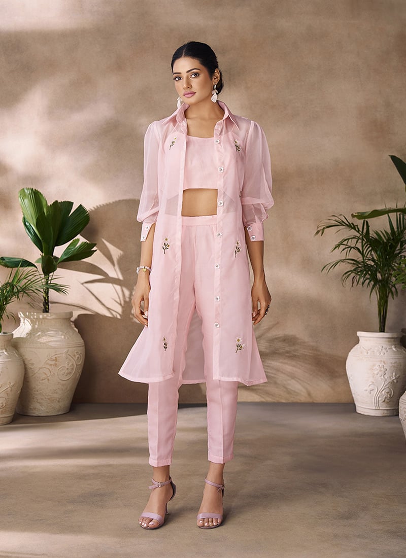 Light Pink Organza Embroidered Indowestern Co ord Jacket Set