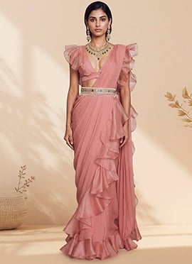 Light Pink Organza Hand Embroidered Sequins And Beads Work Pre Draped Saree