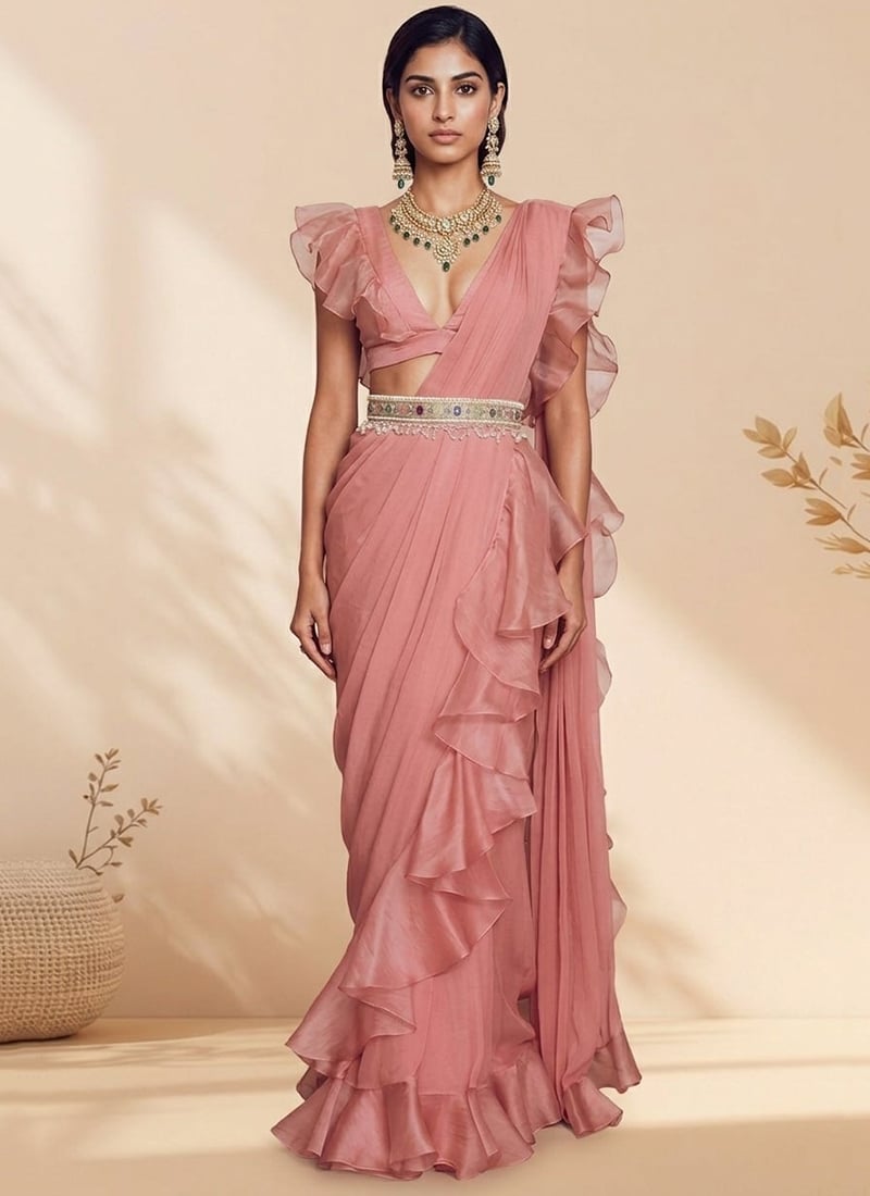 Light Pink Organza Hand Embroidered Sequins And Beads Work Pre Draped Saree Wedding Wear