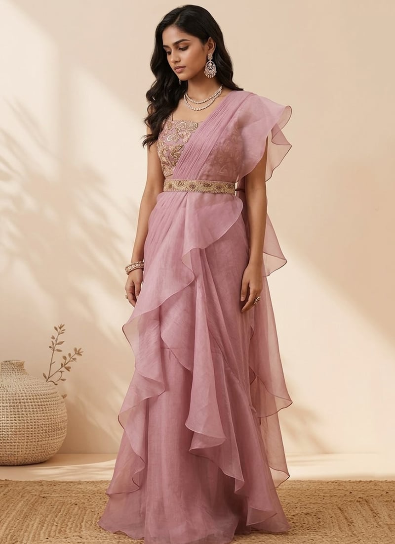 Light Pink Organza Hand Embroidered Sequins With Stone Work Pre Draped Saree Wedding Wear