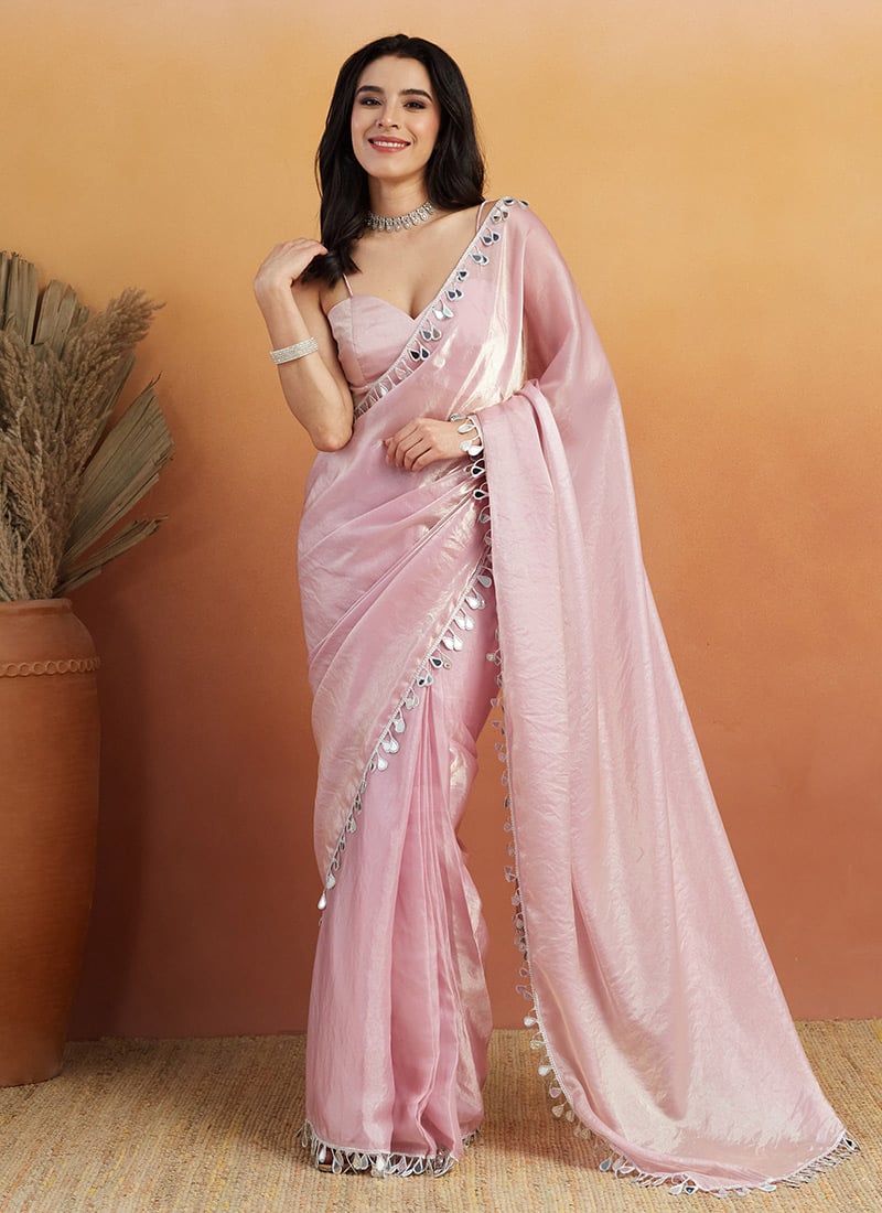 Light Pink Organza Teardrop Lace Border Saree After Six Wear