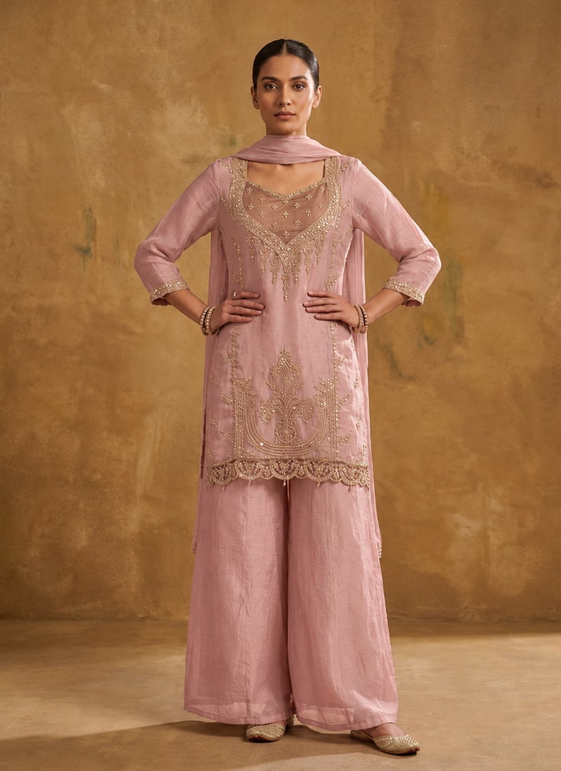 Light Pink Organza Zari Sequins Embroidered Palazzo Suit Festive Wear