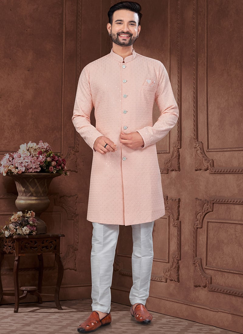 Light Pink Rayon Lucknowi Embroidered Sequins Indowestern Sherwani
