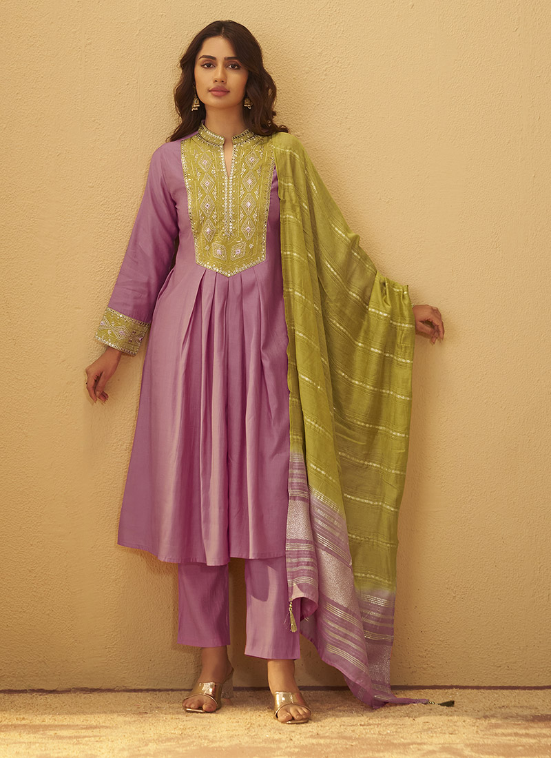 Light Pink Roman Silk Embroidered Straight Pant Suit After Six Wear