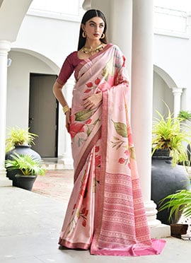 Light Pink Satin Silk Floral Digital Print Saree With Woven Zari Border