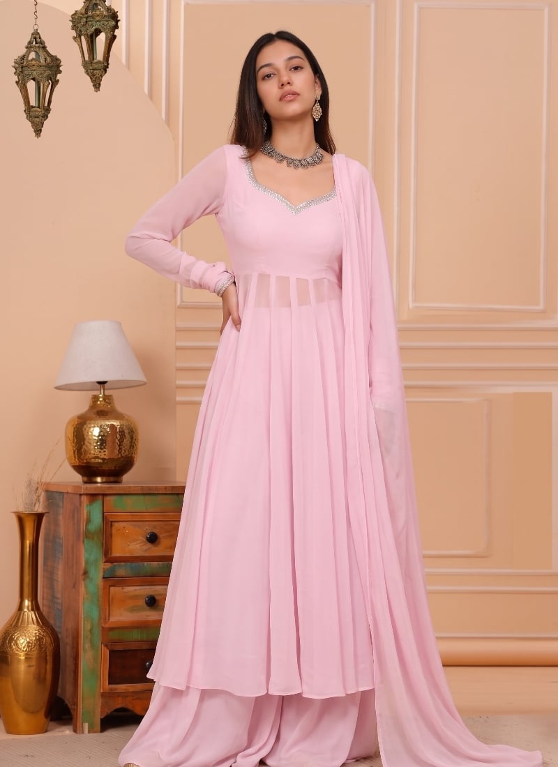 Light Pink Sequins Embroidered Georgette Palazzo Suit After Six Wear