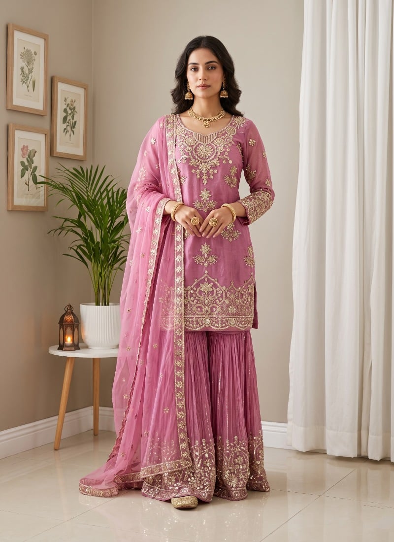 Light Pink Sequins Embroidered Net Palazzo Suit After Six Wear