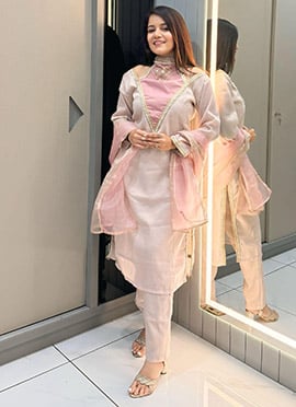 Light Pink Shimmer Silk Beads Hand Embroidered Cutdana Straight Pant Suit