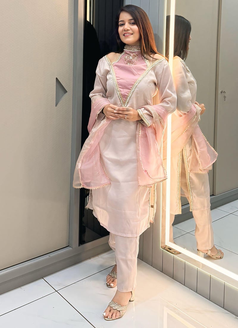 Light Pink Shimmer Silk Beads Hand Embroidered Cutdana Straight Pant Suit Festive Wear