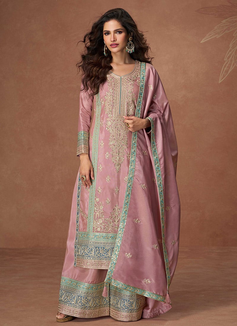 Light Pink Shimmer Silk Embroidered Sequins Pakistani Palazzo Suit Festive Wear