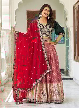 Light Pink Shimmer Silk Jacquard Embroidered Sequins Umbrella Lehenga Festive Wear