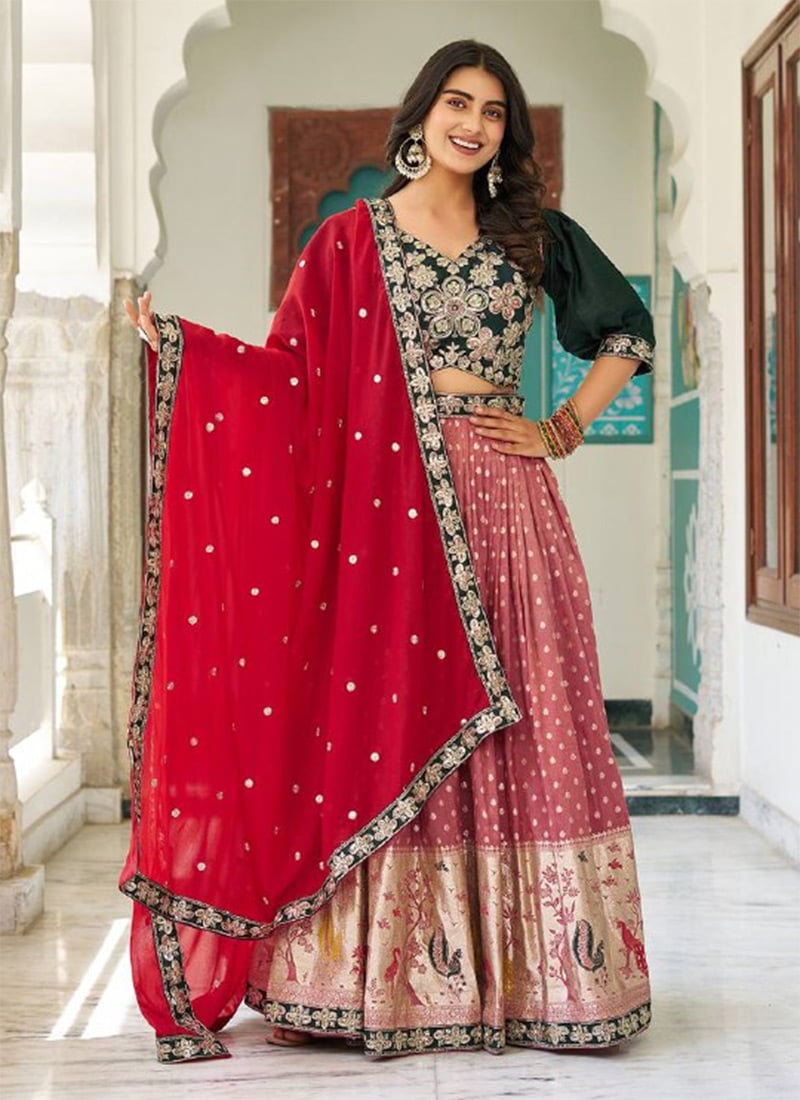 Light Pink Shimmer Silk Jacquard Embroidered Sequins Umbrella Lehenga Festive Wear