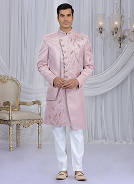 Light Pink Silk Beads Sequins Hand Embroidered Cutdana Indowestern Sherwani Wedding Wear