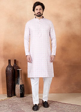Light Pink Silk Digital Print Stylish Mens Kurta