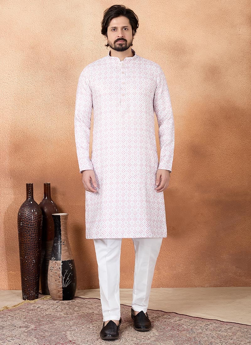 Light Pink Silk Digital Print Stylish Mens Kurta