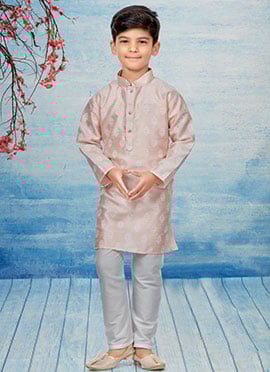 Light Pink Silk Dupion Printed Kids Kurta Pyjama