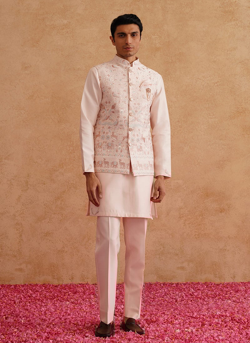 Light Pink Silk Embroidered Bandi Set Wedding Wear