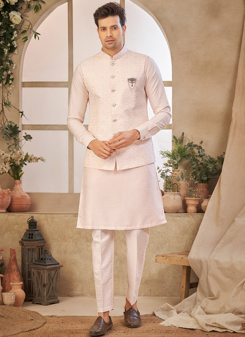 Light Pink Silk Embroidered Bandi Set Festive Wear