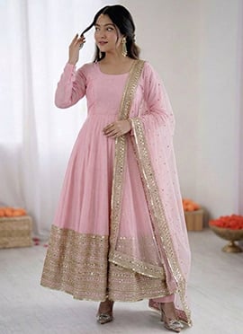 Light Pink Silk Embroidered Sequins Anarkali Suit