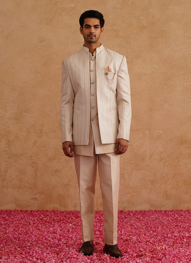 Light Pink Silk Embroidered Sequins Jodhpuri Bandhgala Suit