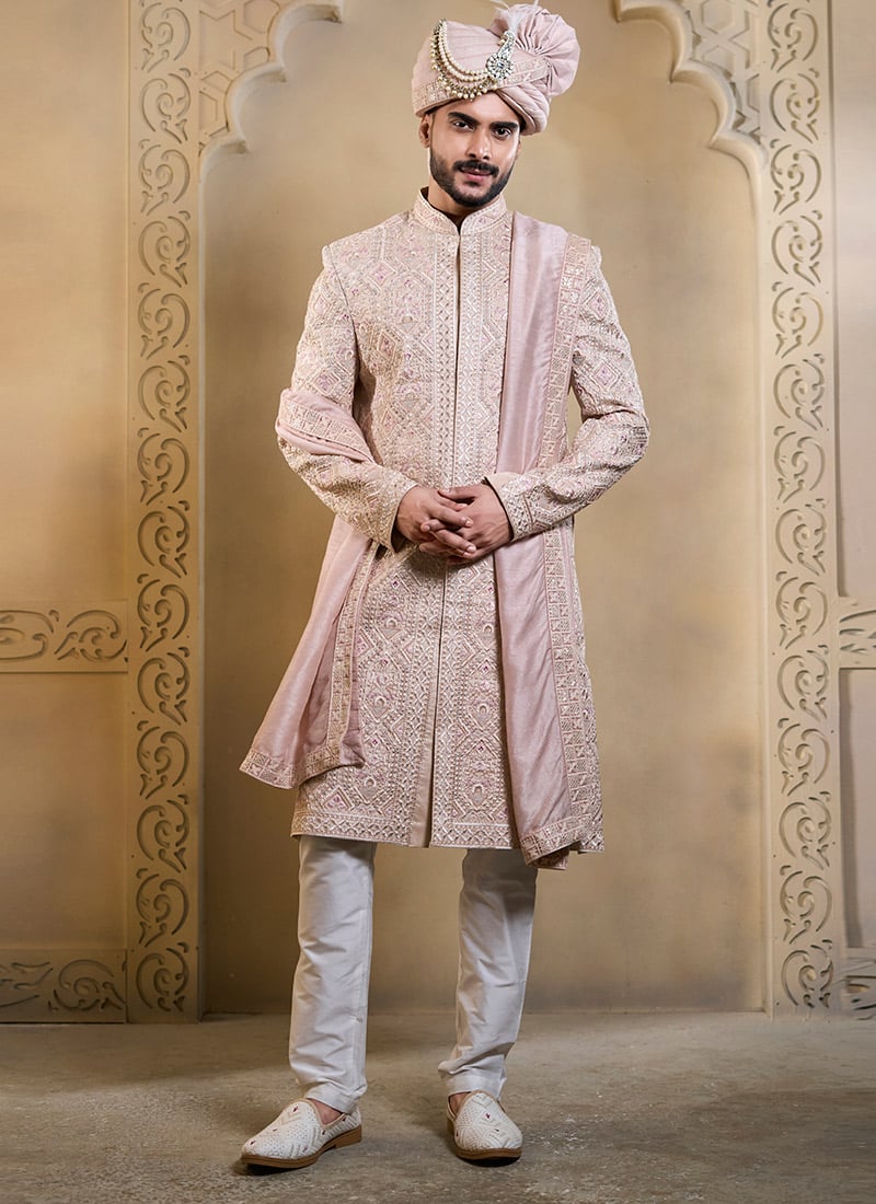 Light Pink Silk Embroidered Sequins Thread Indowestern Sherwani Wedding Wear