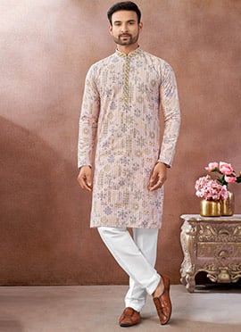 Light Pink Silk Embroidered Sequins Thread Kurta Pyjama