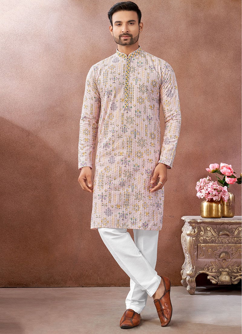 Light Pink Silk Embroidered Sequins Thread Kurta Pyjama Festive Wear