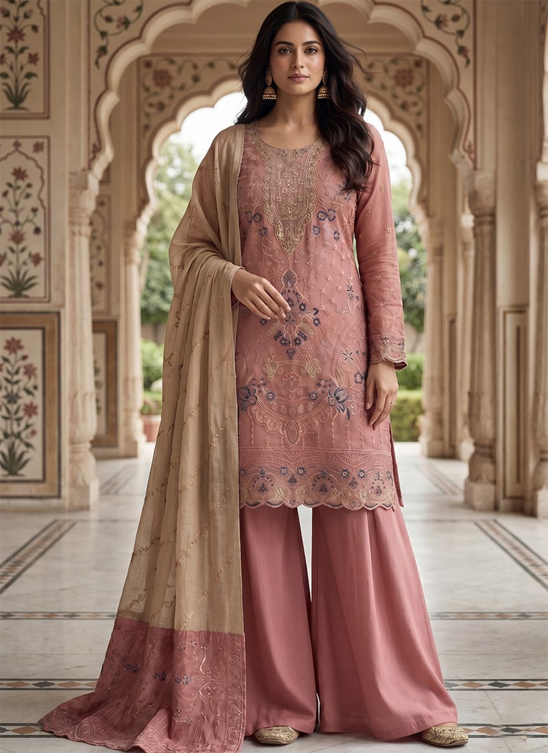 Light Pink Silk Embroidered Sequins With Khatli Work Palazzo Suit Festive Wear