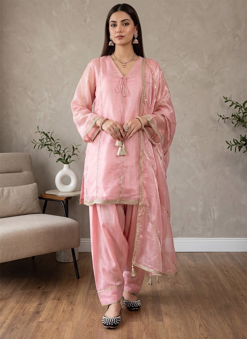 Light Pink Silk Gota Zari Salwar Suit After Six Wear