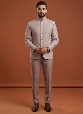 Light Pink Silk Jacquard Bandhgala Suit For Men