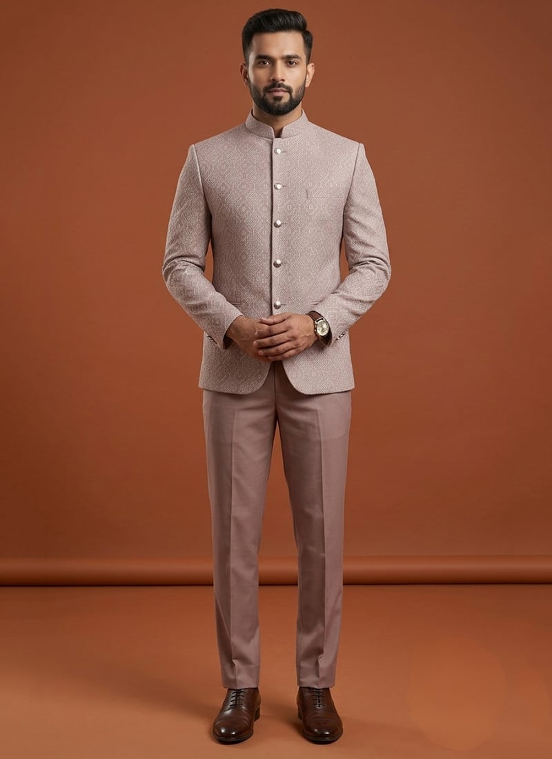Light Pink Silk Jacquard Bandhgala Suit For Men Wedding Wear