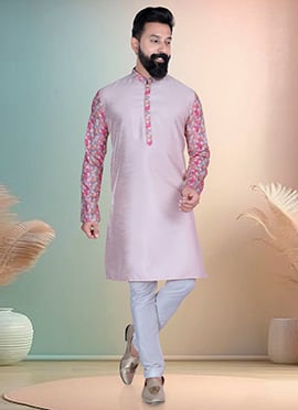 Light Pink Silk Printed Kurta Pyjama