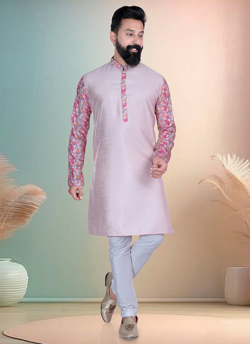 Light Pink Silk Printed Kurta Pyjama