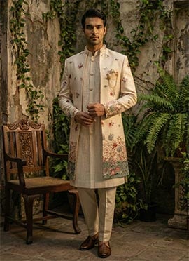 Light Pink Silk Sequins Embroidered Indowestern Sherwani Set
