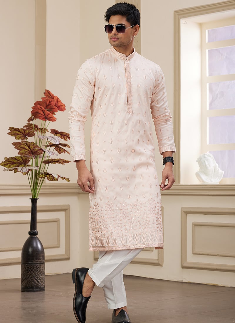 Light Pink Silk Sequins Kurta Pyjama