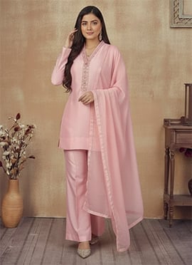 Light Pink Silk Stones Beads Cutdana Hand Embroidered Palazzo Suit