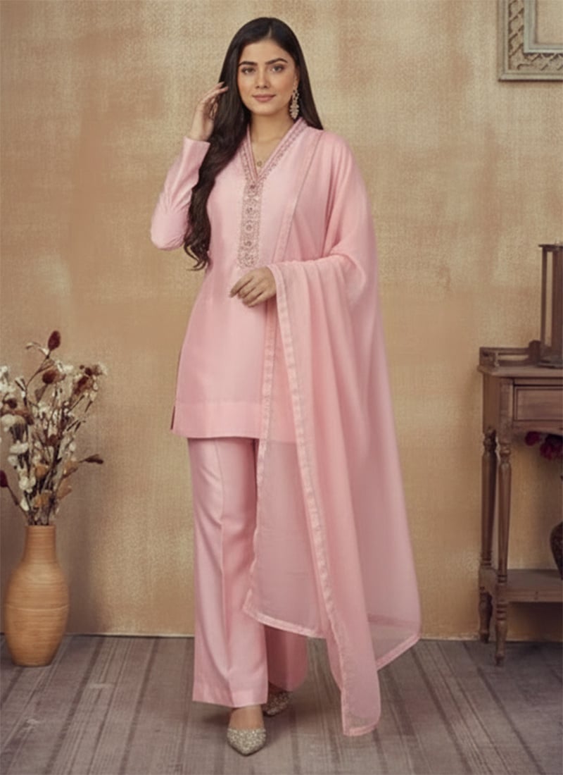Light Pink Silk Stones Beads Cutdana Hand Embroidered Palazzo Suit Festive Wear