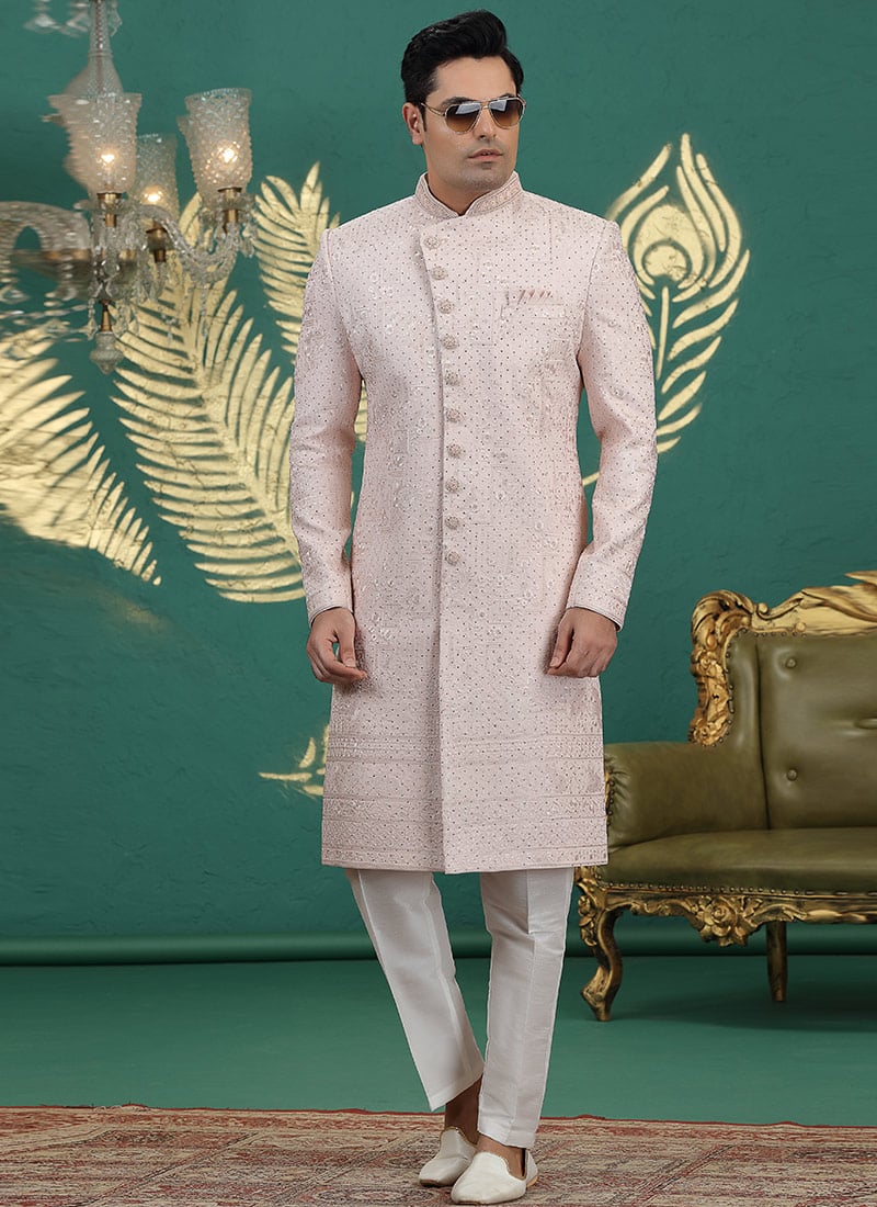 Light Pink Silk Stones Sequins Embroidered Thread Hand Embroidered Indowestern Sherwani Wedding Wear